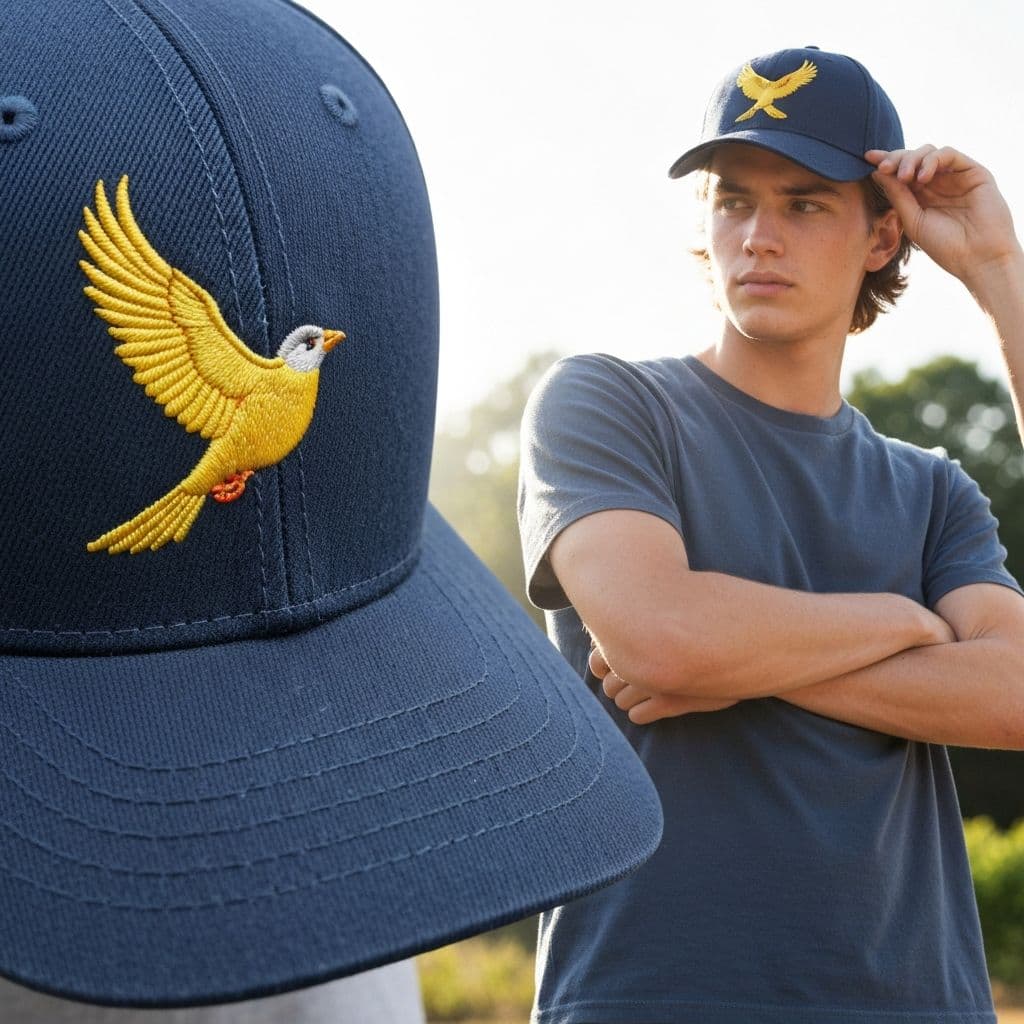 AI-generated embroidery mockup showing detailed thread texture on a baseball cap