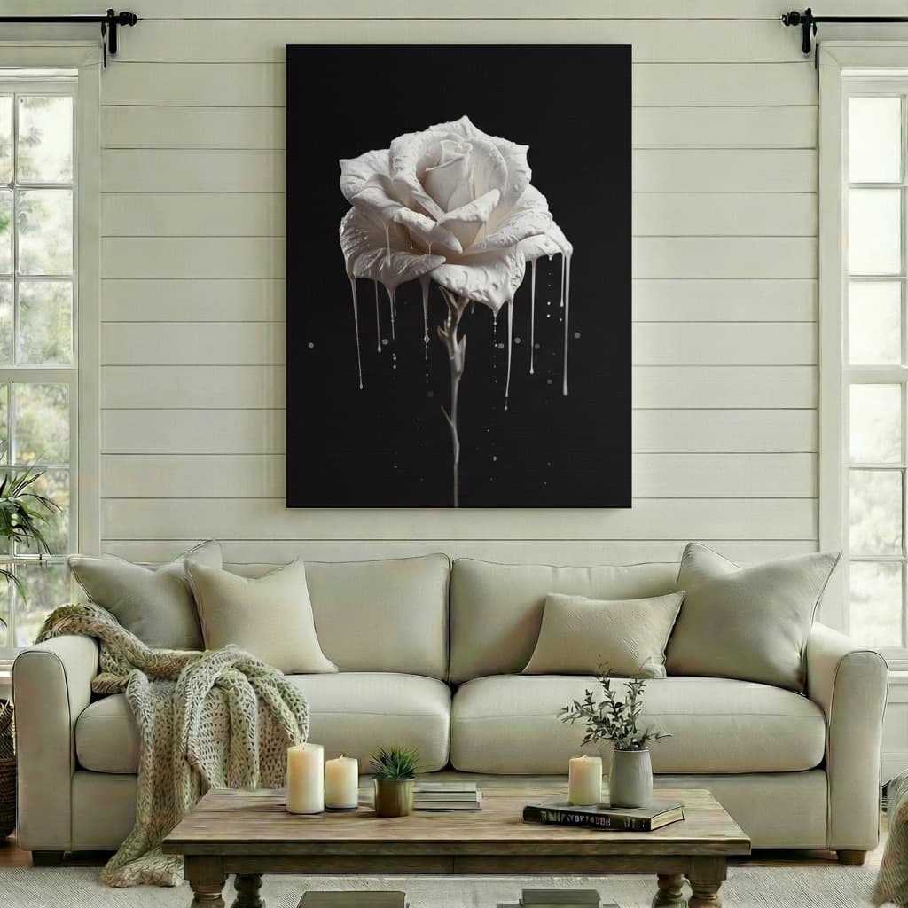 AI-generated canvas wall art mockup of a white rose in a modern living room