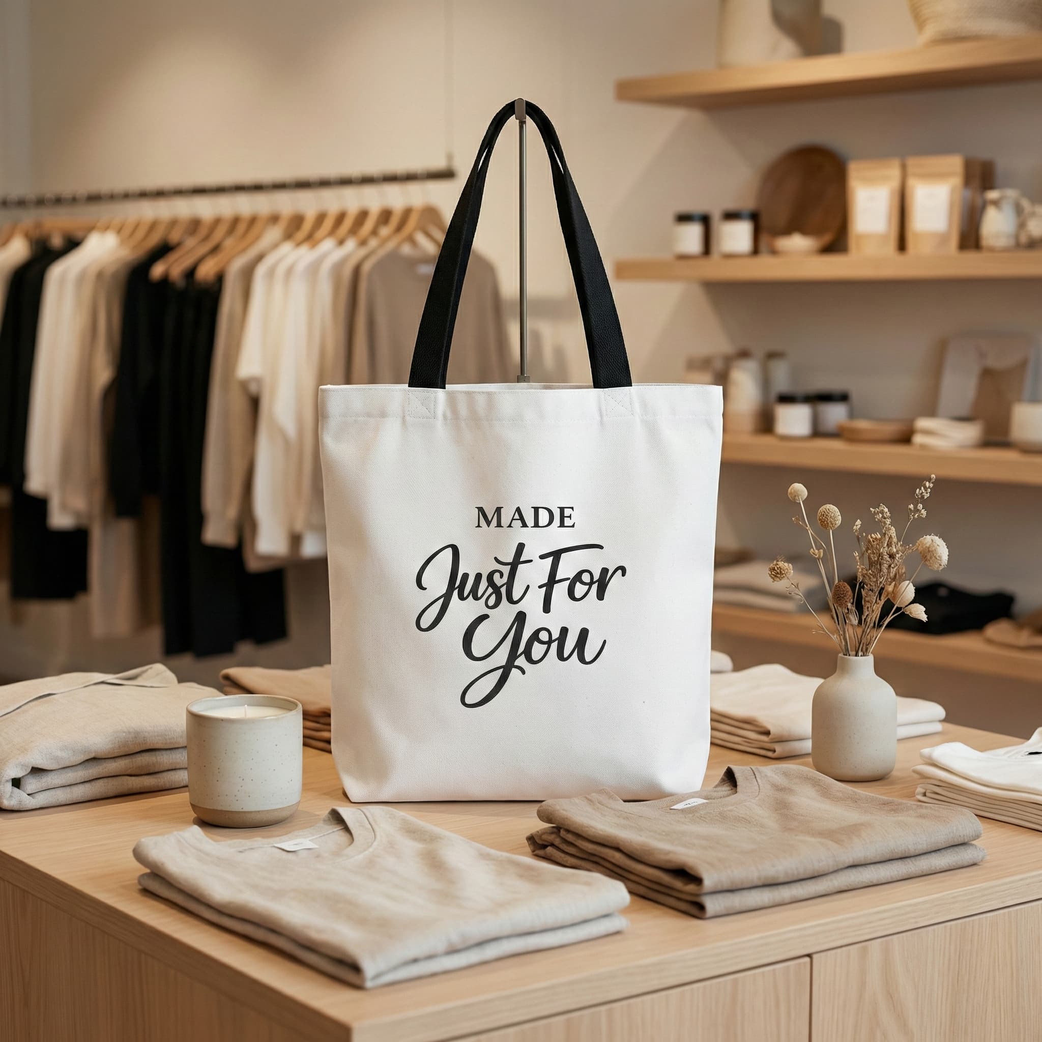 Canvas tote bag boutique display mockup