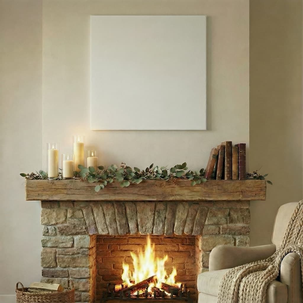 Canvas wall art mockup in a cozy fireplace living room