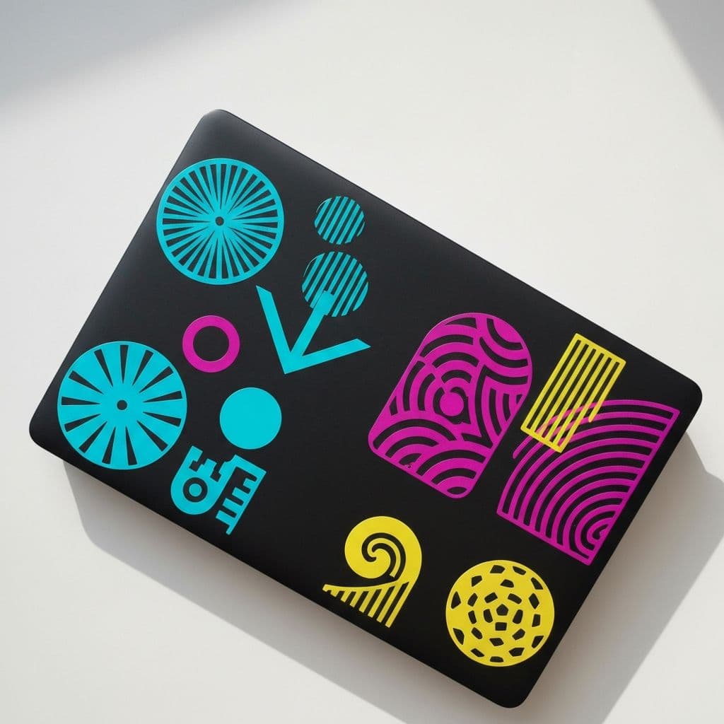 AI-generated die-cut vinyl sticker mockups on a laptop lid with realistic peel effects