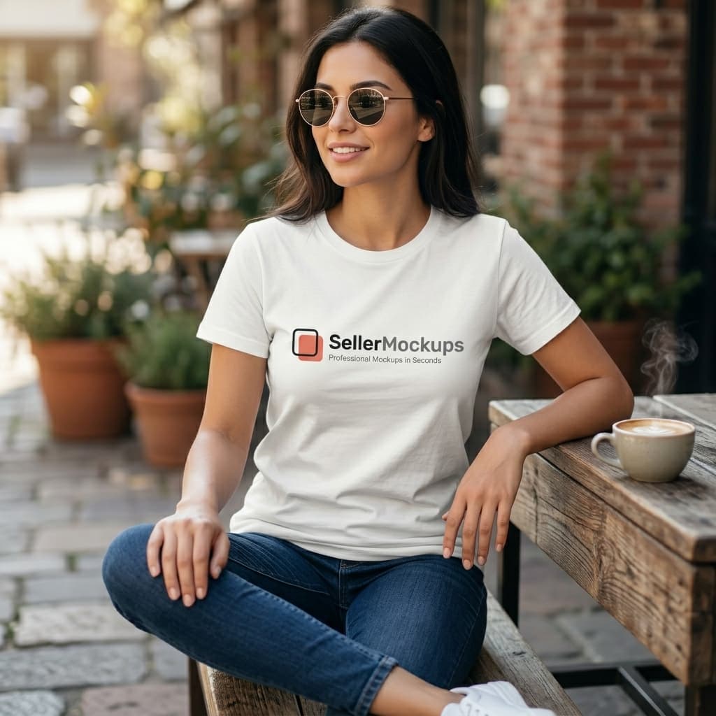 AI-generated mockup of a woman in her 30s wearing a custom Bella Canvas tee with sunglasses in the park