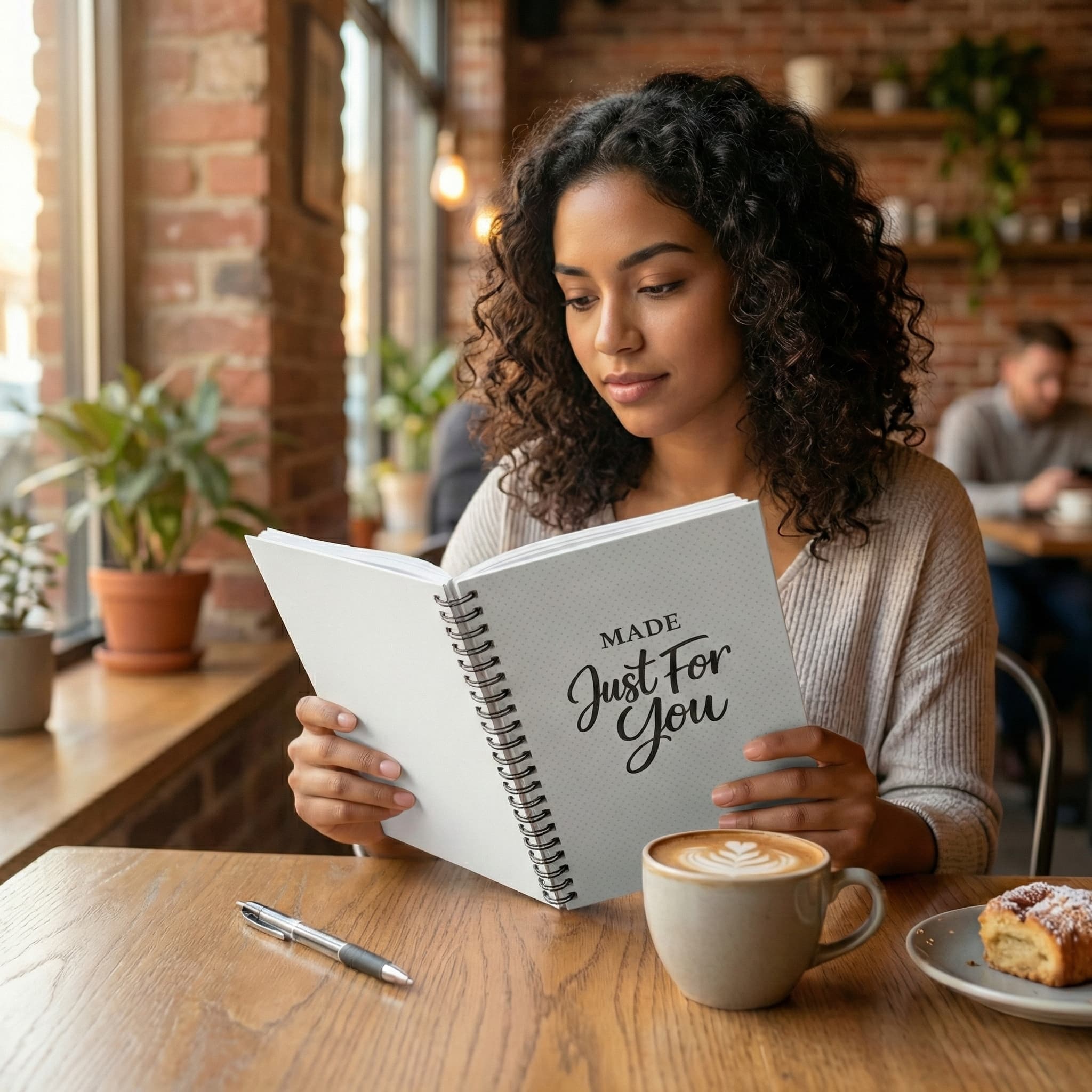 Spiral journal in a coffee shop mockup