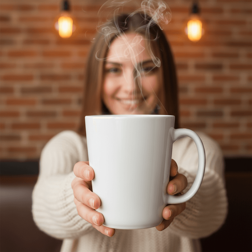 Woman in cafe with 15oz ceramic mug mockup