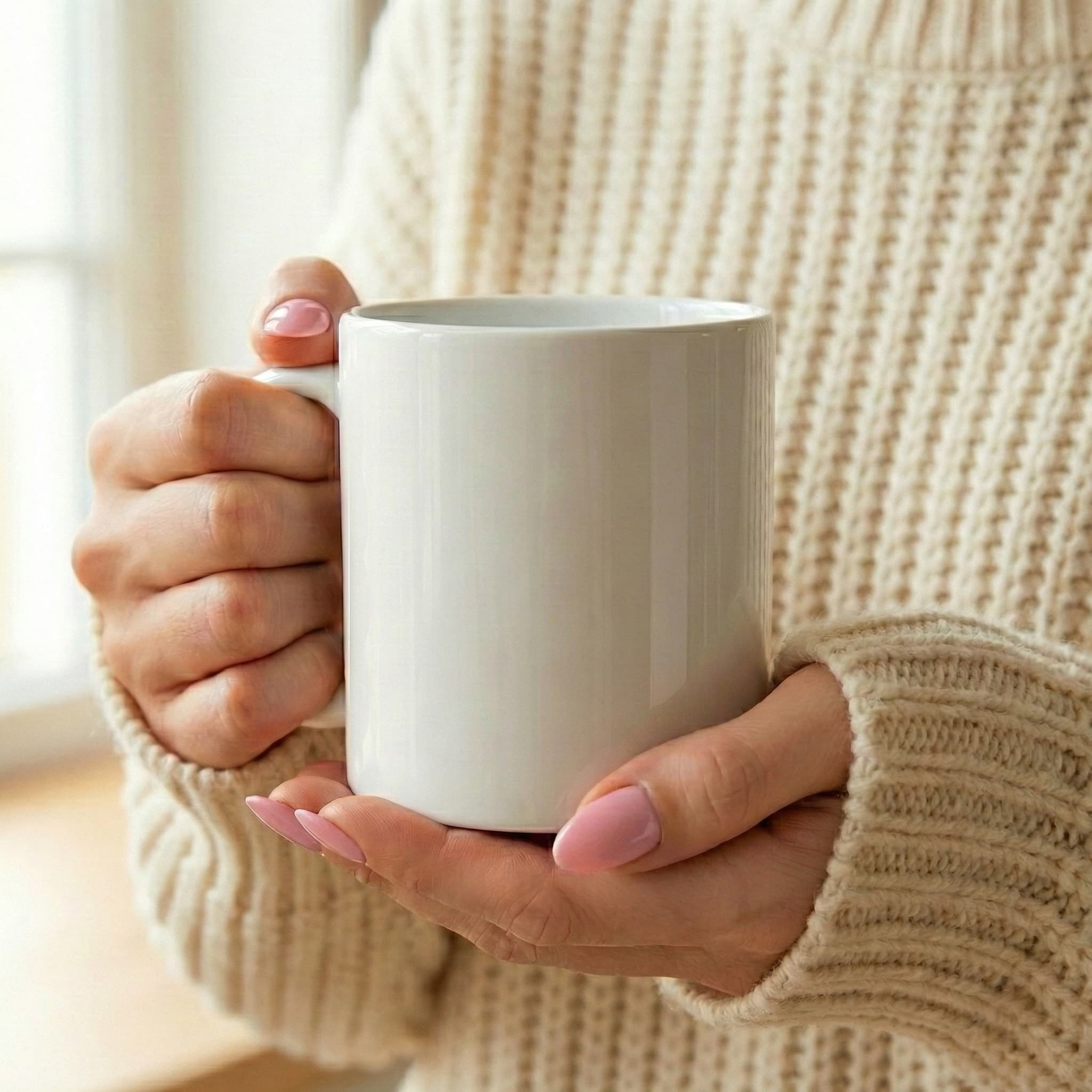 AI mug mockup — cozy hands lifestyle