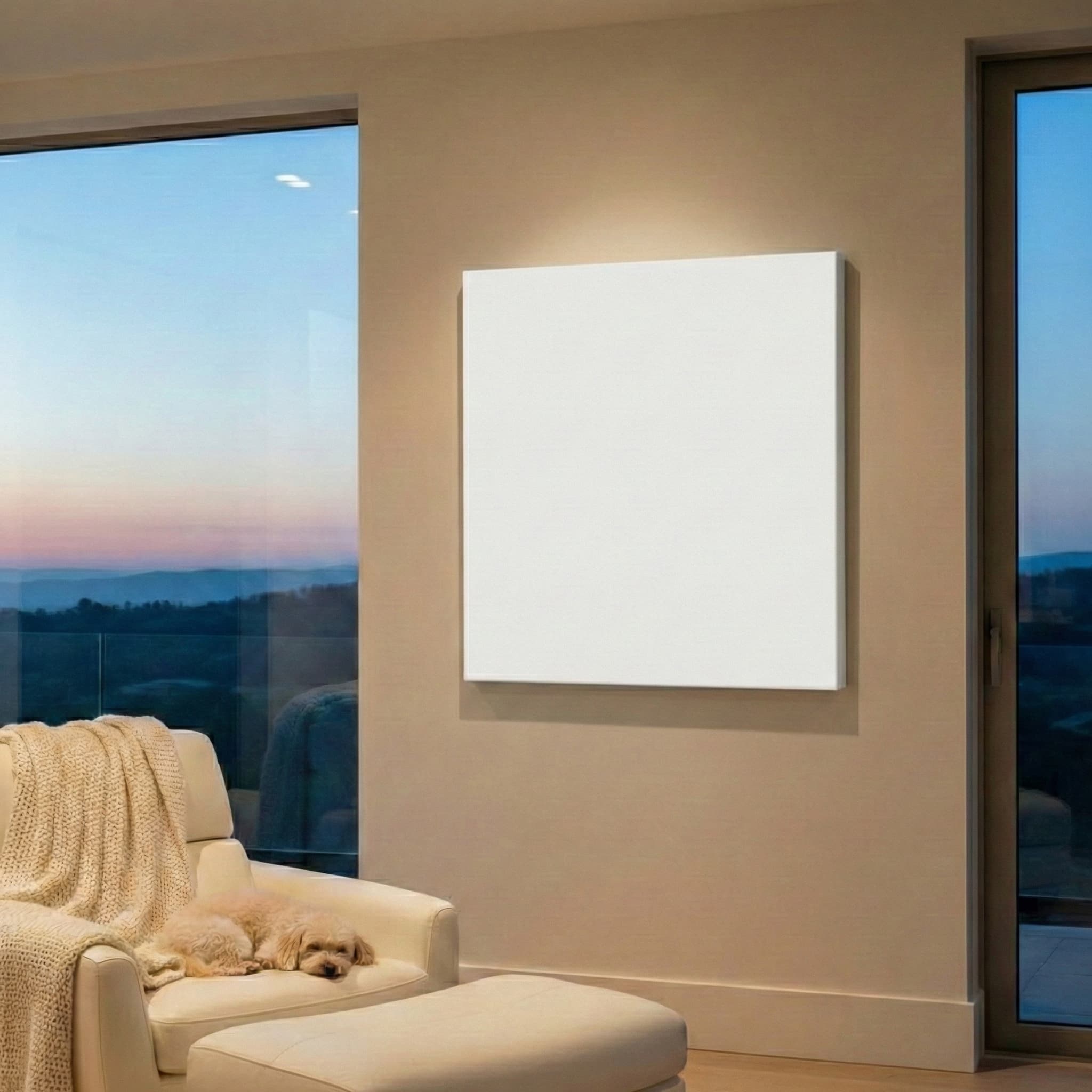 Canvas wall art in a cozy living room with a view